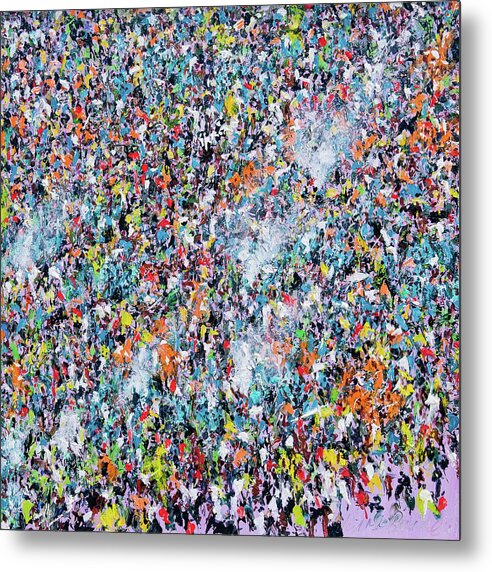 Camping Out is a colourful semi-abstract artwork featuring a huge crowd of people in a smokey campsite full of happy campers. All printed on metal for durability. From the studio of Neil McBride