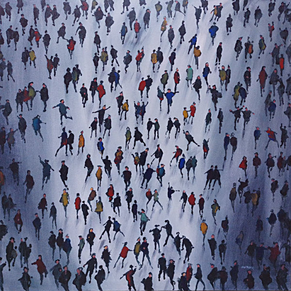 Original painting on canvas featuring a group of people in colour with dramatic light and shadows cast on a white ground. © Neil McBride 2024