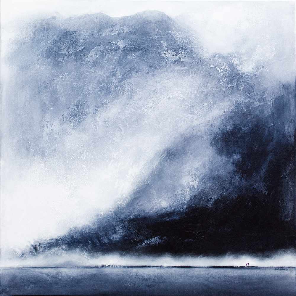 Lost is an original monochrome painting of a mountain and misty lake with two tiny figures in the foreground for added scale. © Neil McBride 2024