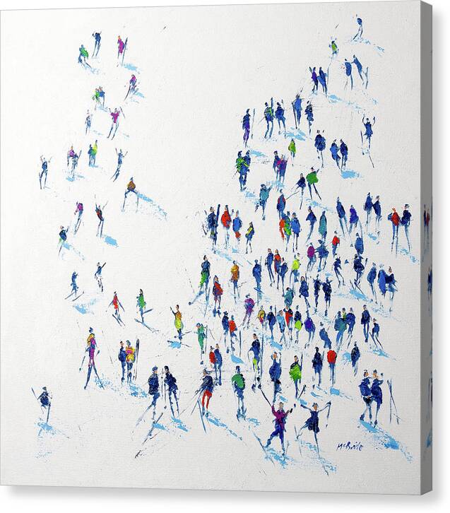 Skiing art on canvas featuring a colourful crowd of lively people on a pristine white ski slope. Signed McBride.