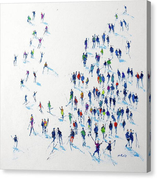 Skiing canvas art on canvas featuring a colourful crowd of lively people on a pristine white ski slope. Signed McBride.