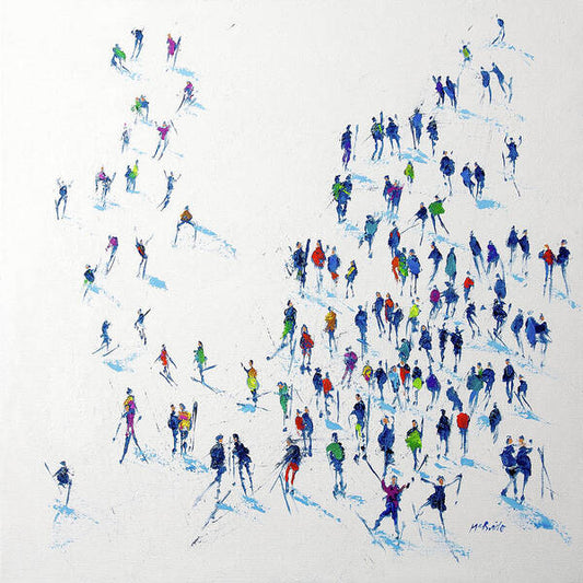 Skiing artwork on textured watercolour paper. Featuring colourful crowds of people skiing on bright white snow covered ski slope. Signed Neil McBride