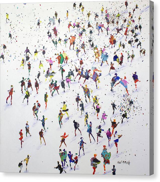 We Came Here to Dance is a lively and colourful artwork featuring a crowd of dancers having a ball. © Neil McBride 2024