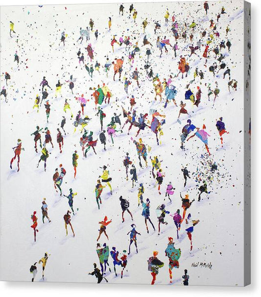 We Came Here to Dance is a lively and colourful artwork on canvas featuring a crowd of dancers having a ball. The white background adds a nice light touch to this colourful dance routine.  © Neil McBride 2025