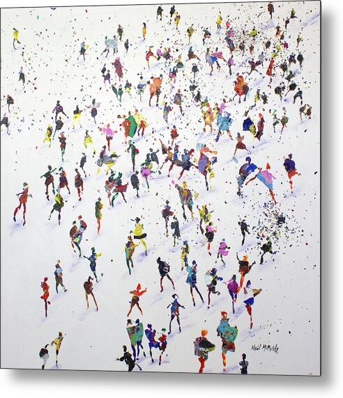 Prints on metal, titled We Came Here to Dance featuring a crowd of colourful people performing a freestyle dance routine on a white ground.